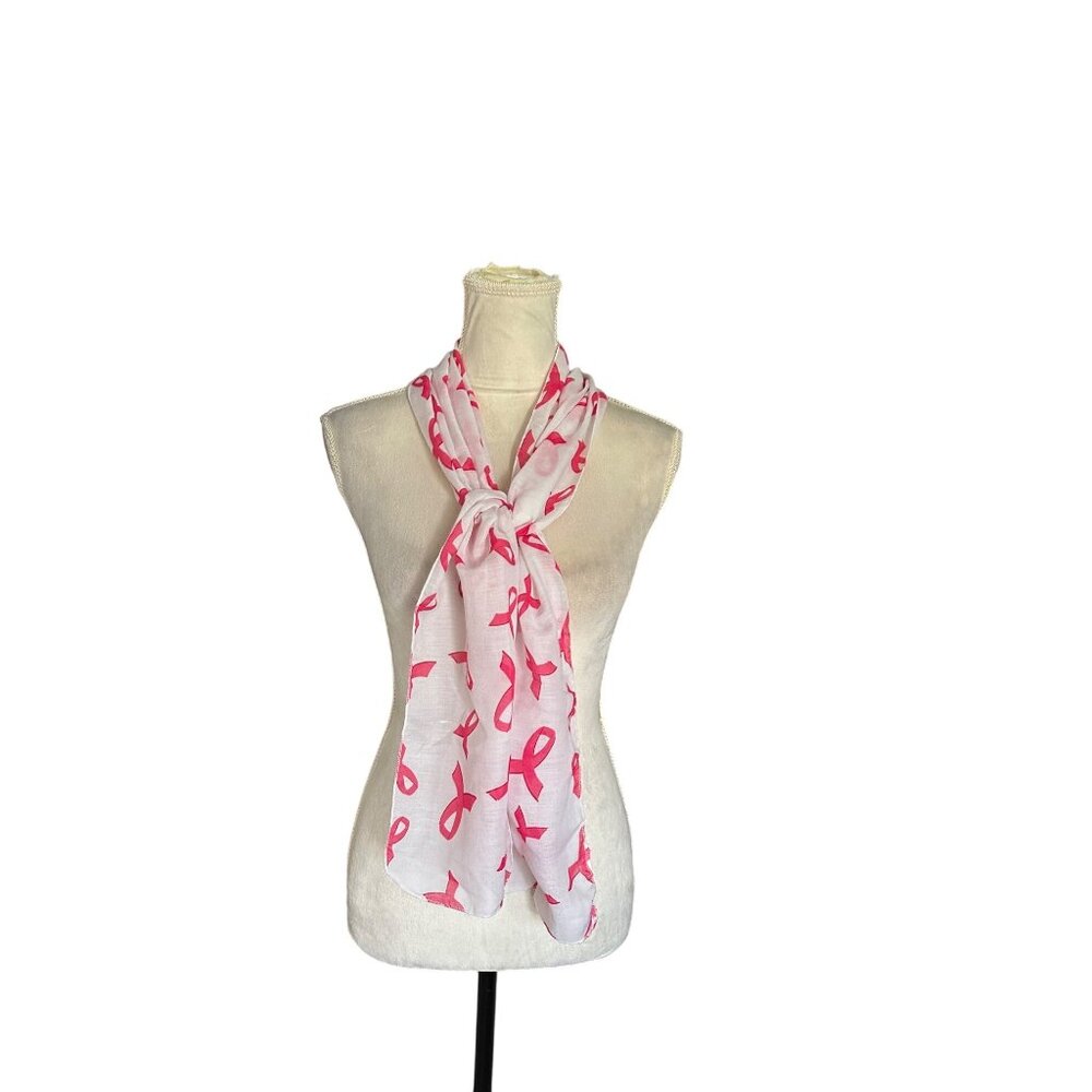 Pink Ribbon Breast Cancer Awareness Scarf 60" x 13" White & Pink